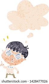 cartoon clever boy with thought bubble in grunge distressed retro textured style