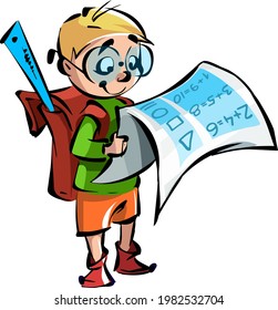 Cartoon clever cheerful boy in glasses stands and looks at a notebook with mathematical formulas.