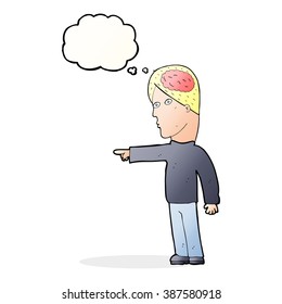 hombre inteligente de caricatura apuntando con burbuja de pensamiento
