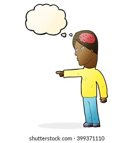 hombre inteligente de caricatura apuntando con burbuja de pensamiento