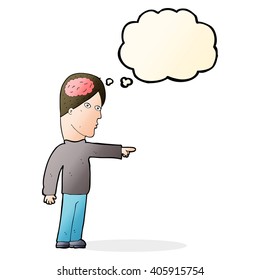 homem inteligente desenho animado apontando com bolha de pensamento