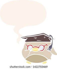 cartoon clever old owl with speech bubble in retro style