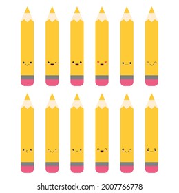 Cartoon clever pencil character vector set. Character happy cute pencil with face. Vector illustration