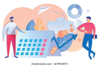 El cliente de caricaturas discute la fecha del plazo del proyecto con el trabajador. Informe del Hombre Ilustración del Vector de Aumento de Dinero de Ingresos Financieros. Calendario de planificación de tareas de administrador. Productividad laboral