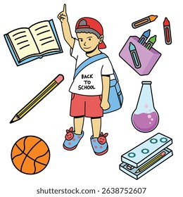 cartoon clip art with back to school theme in flat style, with various school supplies