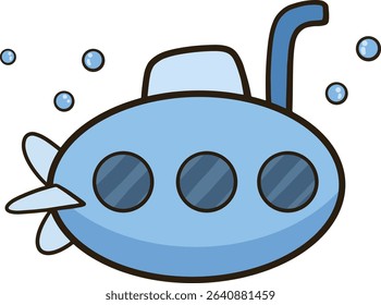 Cartoon clip art of a blue submarine with floating bubbles.