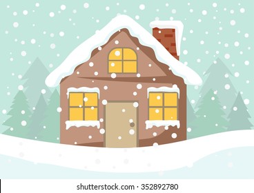 Cartoon Clip Art - Cute Cottage House With Light From Windows On White Falling Snow And Pine Forest Background, House And Snow Vector