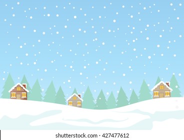 Cartoon Clip Art - Cute cottage house with light from windows on white falling snow and pine forest background, House and snow vector