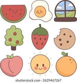 Cartoon clip art of food elements, fruits and views.