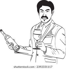 Cartoon Clip Art: Graceful Hotel Waiter with Wine Bottle and Glass in Detailed Sketch, Waiter Holding Wine Vector: Sketch Drawing of Hotel Server with Wine Service