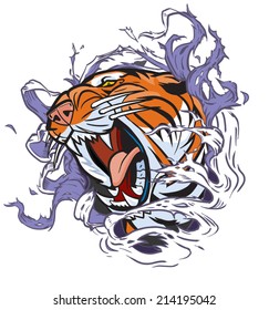 Cartoon Clip Art Illustration of a roaring tiger head ripping out of a hole in the background. Vector file is in layers for easy editing.