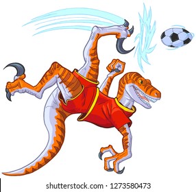 Cartoon clip art illustration of a velociraptor dinosaur bicycle kicking a soccer ball. Uniform color in separate layer.