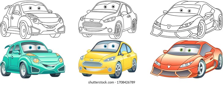 Cartoon clipart. Cars set for kids activity coloring book, t shirt print, icon, logo, label, patch or sticker. Vector illustration.