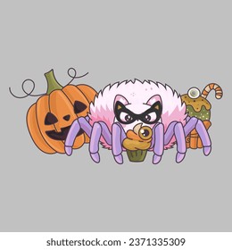 Cartoon Clipart Halloween Spider Illustration. Cute Clip Art Halloween Insect. Cute Vector Illustration of a Kawaii Spider for Halloween Stickers. 