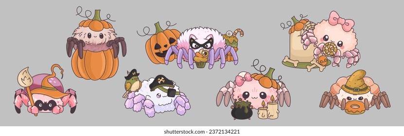 Cartoon Clipart Halloween Spider Illustration. Cute Clip Art Halloween Insect. Cute Vector Illustration of a Kawaii Spider for Halloween Stickers. 