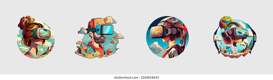 Cartoon clipart Metaverse isolated on white background. Man and woman wearing digital glasses travel in metaverse or outer space. Modern technologies for entertainment. Virtual Reality Experience.