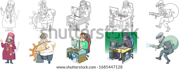 Cartoon clipart. People professions. Set\
for kids activity coloring book, t shirt print, icon, logo, label,\
patch or sticker. Vector\
illustration.