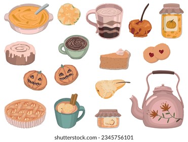 Viñeta de caricatura de alimentos y bebidas de otoño. Doodles de bebidas acogedoras, panadería casera, mermelada de berry, galletas, manzanas al horno y peras. Colección de ilustraciones vectoriales modernas aisladas en blanco.