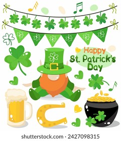 Cartoon clipart, st. Patrick's Day, beer mug, shamrock, quarter leaf, clover, gnome, holiday flags, cauldron, coins, notes, horseshoe. Vector illustration