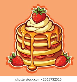 Cartoon clipart of strawberry pancakes with dripping melting butter and maple syrup. Sweet cake dish with berries and sugar.