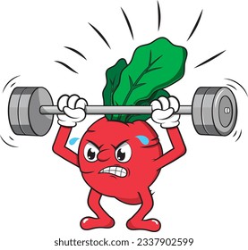 Cartoon clipart style vector illustration with no background of a radish lifting dumbbells for exercise.