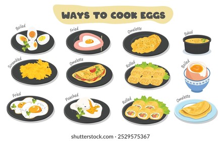 Clipart de dibujos animados Vector de plato de huevos, huevos cocidos. Forma de cocinar los huevos: fritos, hervidos, revueltos, horneados, enrollados, tortilla. Saludable y delicioso desayuno. Clipart de plato de huevo cocido. Clipart de alimentos. 