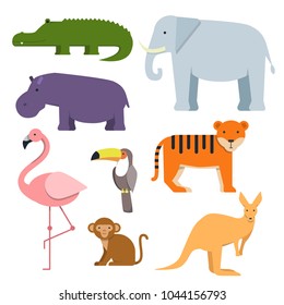 Cartoon clipart of wild animals. Australian fauna animal wild, mammal character, monkey and flamingo, hippopotamus and kangaroo. Vector illustration