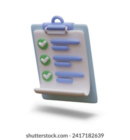 Cartoon clipboard with checklist. Concept of checking your health in hospital. Documentation for medical workers. Vector illustration with white background in 3d style