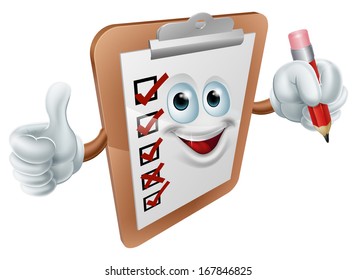 A cartoon clipboard survey mascot giving a thumbs up and holding a pencil