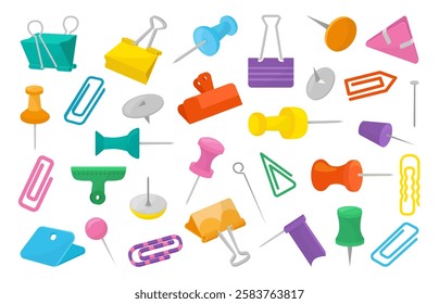 Cartoon clips and pins. Isolated pushpins, coloring flags for pointers, paper and document clip. Stationery and accessories for cork board, neoteric vector set