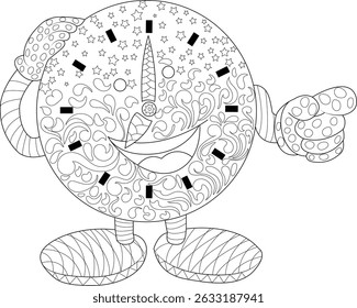 Cartoon Clock Character Line Art, Black and white line art illustration of a smiling cartoon clock character with arms and legs, decorated with abstract patterns and stars. Ideal as a coloring page