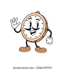 Cartoon Clock Character Waving with a Smiling Face