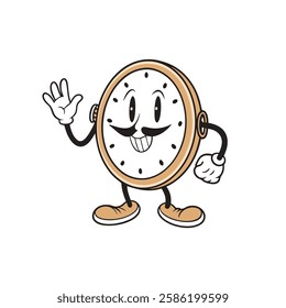 Cartoon Clock Character Waving with a Smiling Face