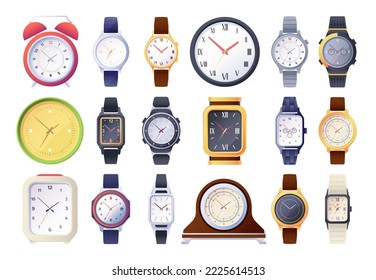 Cartoon clock. Electronic mechanical quartz watch dial accessory, alarm timer hourglass devices to indicate measure time flat style. Vector colorful set of mechanical electronic clocks illustration