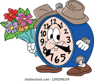 Cartoon clock holding a bouquet of flowers going on a date with his girlfriend vector illustration