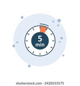 Ilustración vectorial de icono de reloj de dibujos animados. Temporizador de 5 minutos en el fondo de burbujas. Concepto de signo de cuenta regresiva.