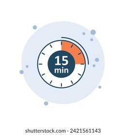 Cartoon clock icon vector illustration. 15 min timer on bubbles background. Countdown sign concept.