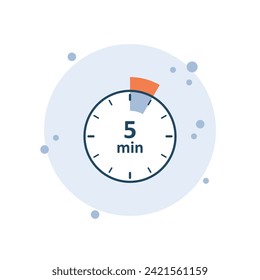 Cartoon clock icon vector illustration. 5 min timer on bubbles background. Countdown sign concept.