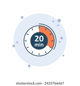 Cartoon clock icon vector illustration. 20 min timer on bubbles background. Countdown sign concept.