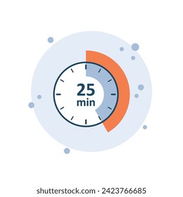 Cartoon clock icon vector illustration. 25 min timer on bubbles background. Countdown sign concept.
