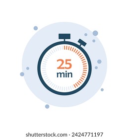 Ilustración vectorial de icono de reloj de dibujos animados. Temporizador de 25 minutos sobre fondo de burbujas. Concepto de signo de cronómetro.