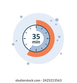 Cartoon clock icon vector illustration. 35 min timer on bubbles background. Countdown sign concept.