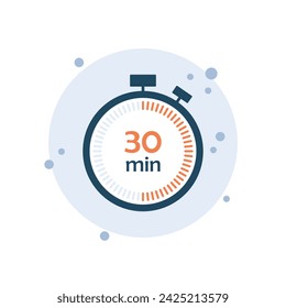 Cartoon clock icon vector illustration. 30 min timer on bubbles background. Chronometer sign concept.