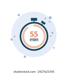 Ilustración vectorial de icono de reloj de dibujos animados. Temporizador de 55 minutos sobre fondo de burbujas. Concepto de signo de cronómetro.