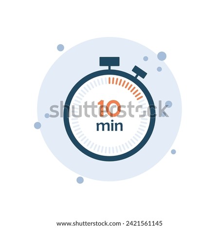 Cartoon clock icon vector illustration. 10 min timer on bubbles background. Chronometer sign concept.
