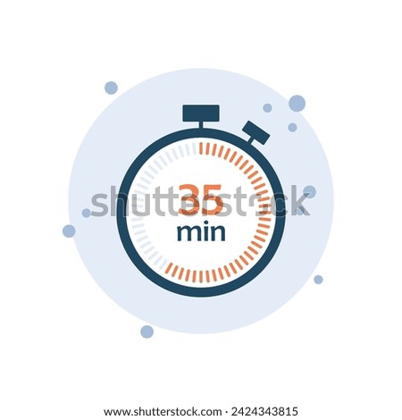 Cartoon clock icon vector illustration. 35 min timer on bubbles background. Chronometer sign concept.