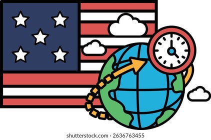 A cartoon of a clock pointing to the number 12 on a globe with the American flag in the background