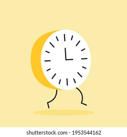 Cartoon clock running. Flat vector, illustration isolated on white background. Clock with legs