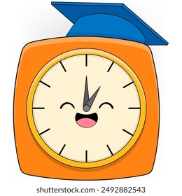 Un reloj de dibujos animados con una cara sonriente y una gorra azul en la parte superior. El reloj es naranja y tiene una cara blanca