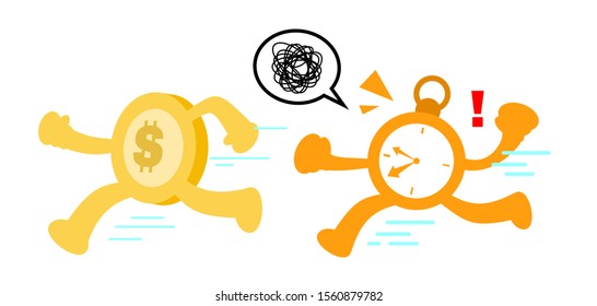 cartoon clock time confused about money management doodle vector illustration flat design style